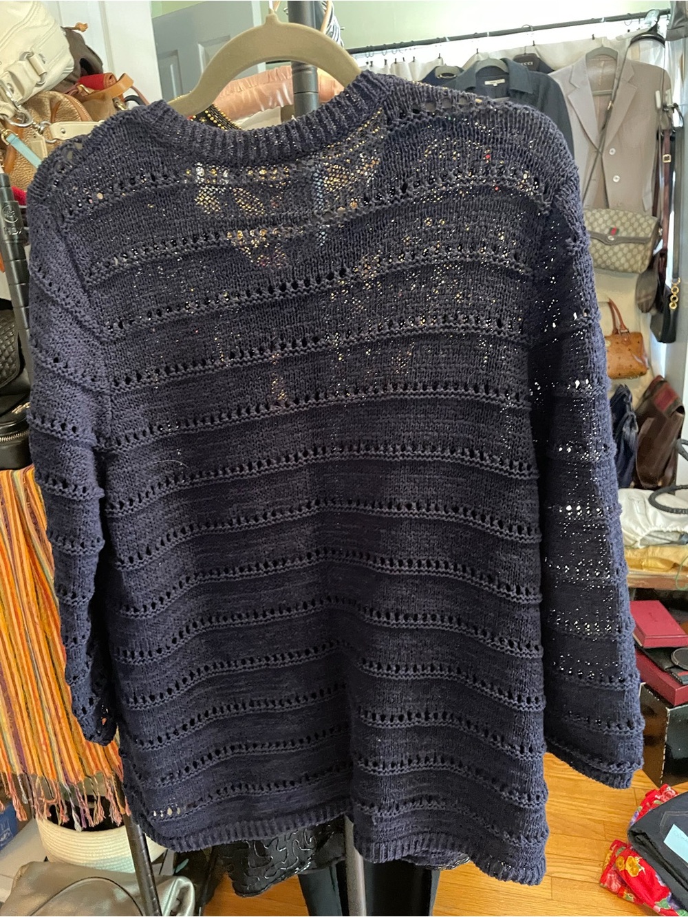 Navy Open Knit Cardigan Lightweight Button Front Sweater L - Picture 7 of 7